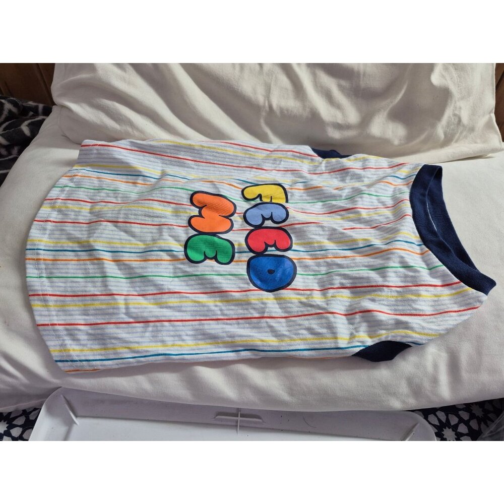 Colorful Striped Graphic Dog Tee shirt With Playful Bubble Letters feed me